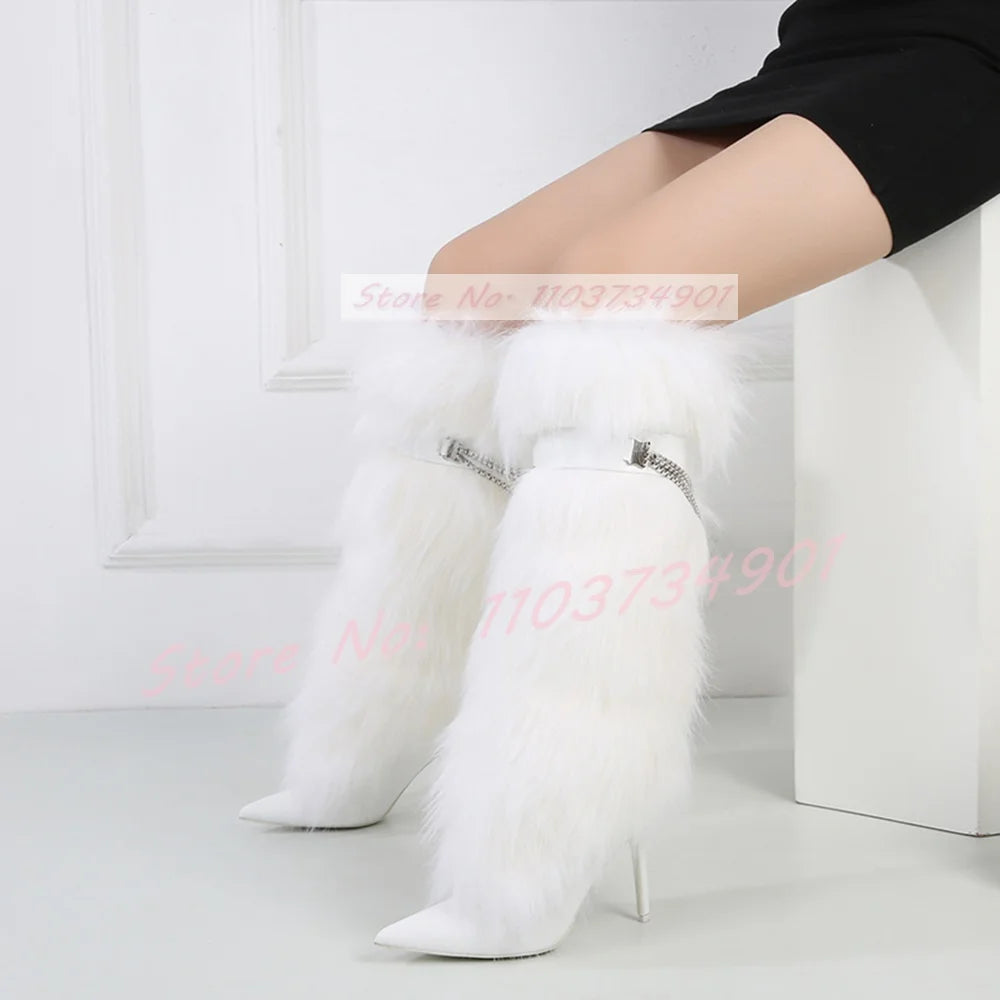 Sesito Furry Metal Chain Belt Buckle Stiletto Boots