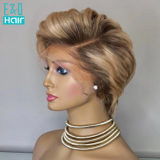 Lace Front Pixie Cut Wigs - Human Hair Blonde 613