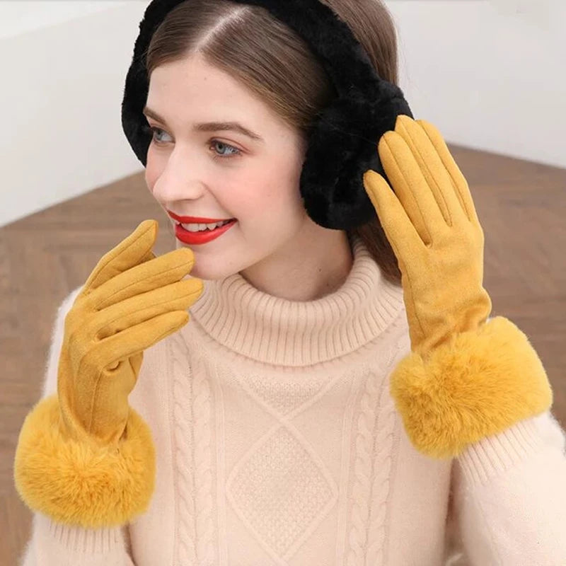 Faux Fur Suede Leather Touch Screen Driving Gloves