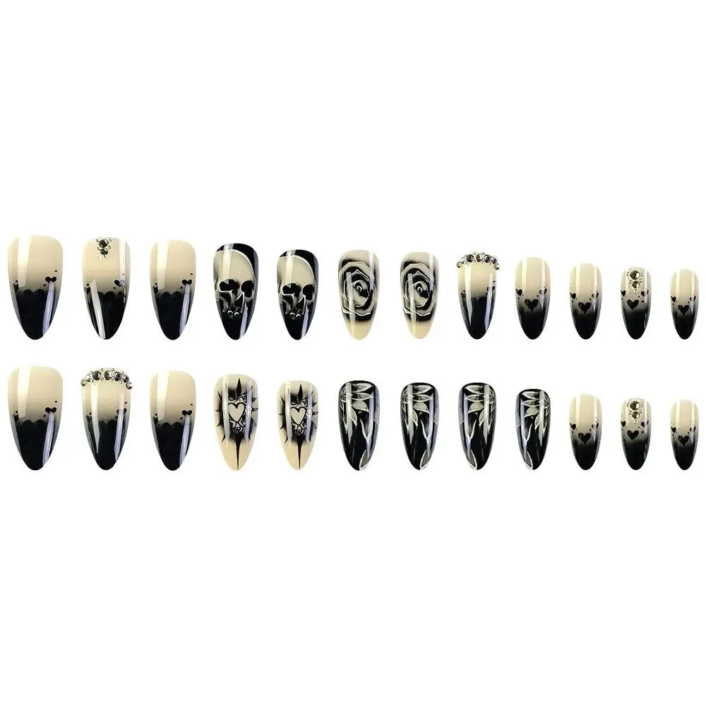 24pcs Rose Rhinestone Halloween Skull Fake Nails