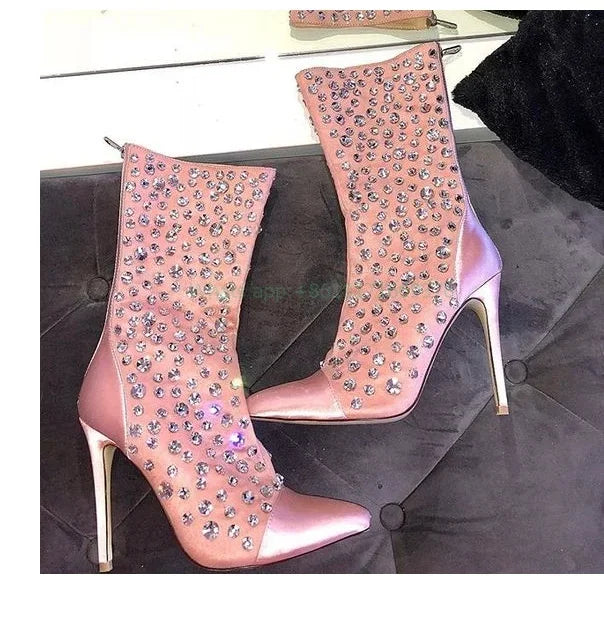 Pink Crystal Pointed Toe Mid-calf Boots