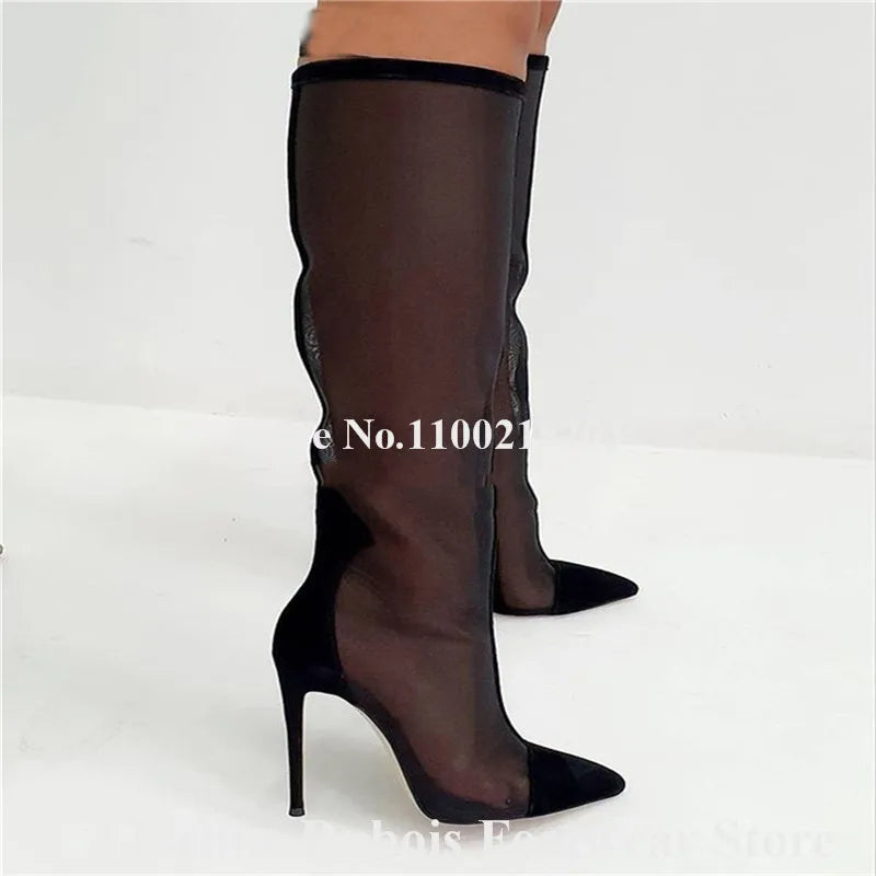 Emeline Dubois Black Mesh Patchwork Knee High Boots