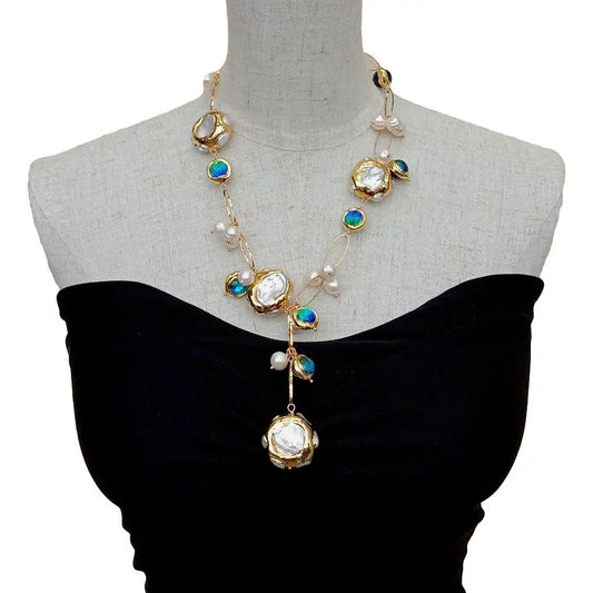 YYGEM Blue Murano Glass Freshwater Cultured White Keshi Pearl Gold Filled Chain Necklace 21"