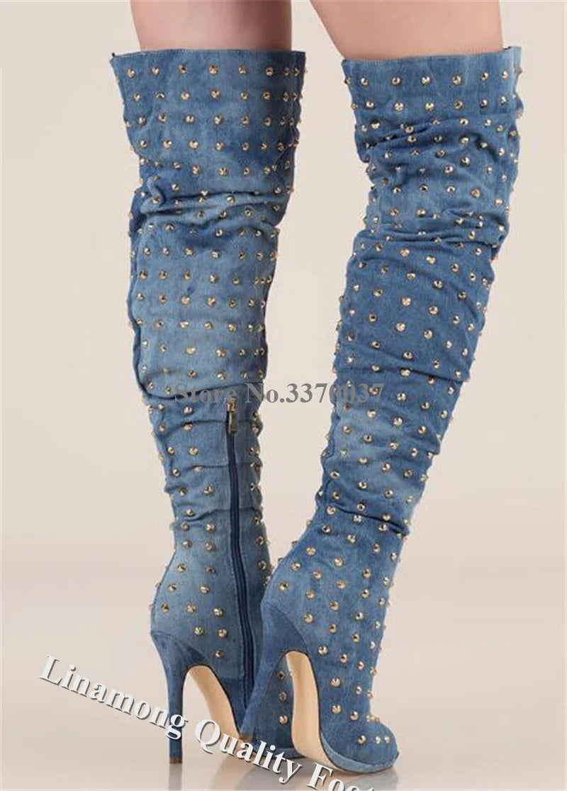 Western Fashion Peep Toe Denim Over Knee Boots