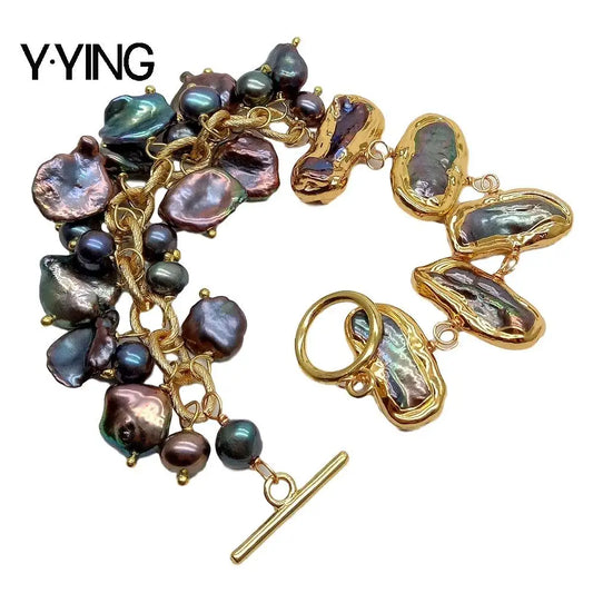 Y·YING Punk Natural Cultured Black Biwa Freshwater Pearl  Bracelet 8"