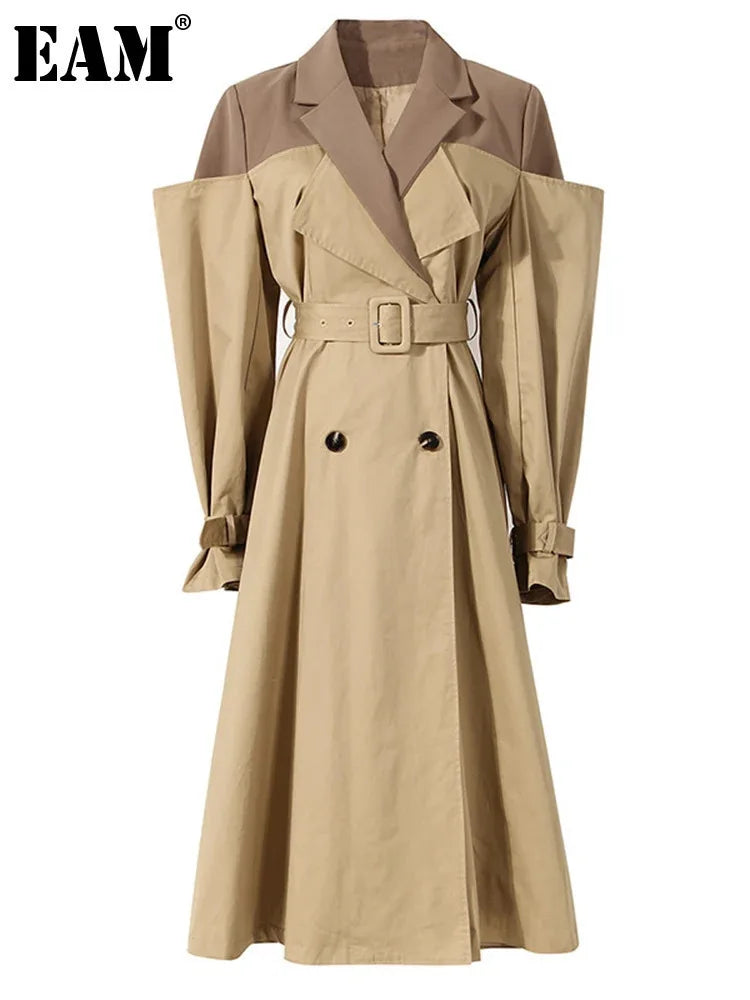 [EAM] Women Khaki Color-block Long Trench Coat