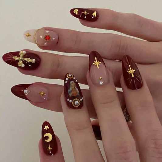 False Nails with Gold Moon Star Design - Almond Red French