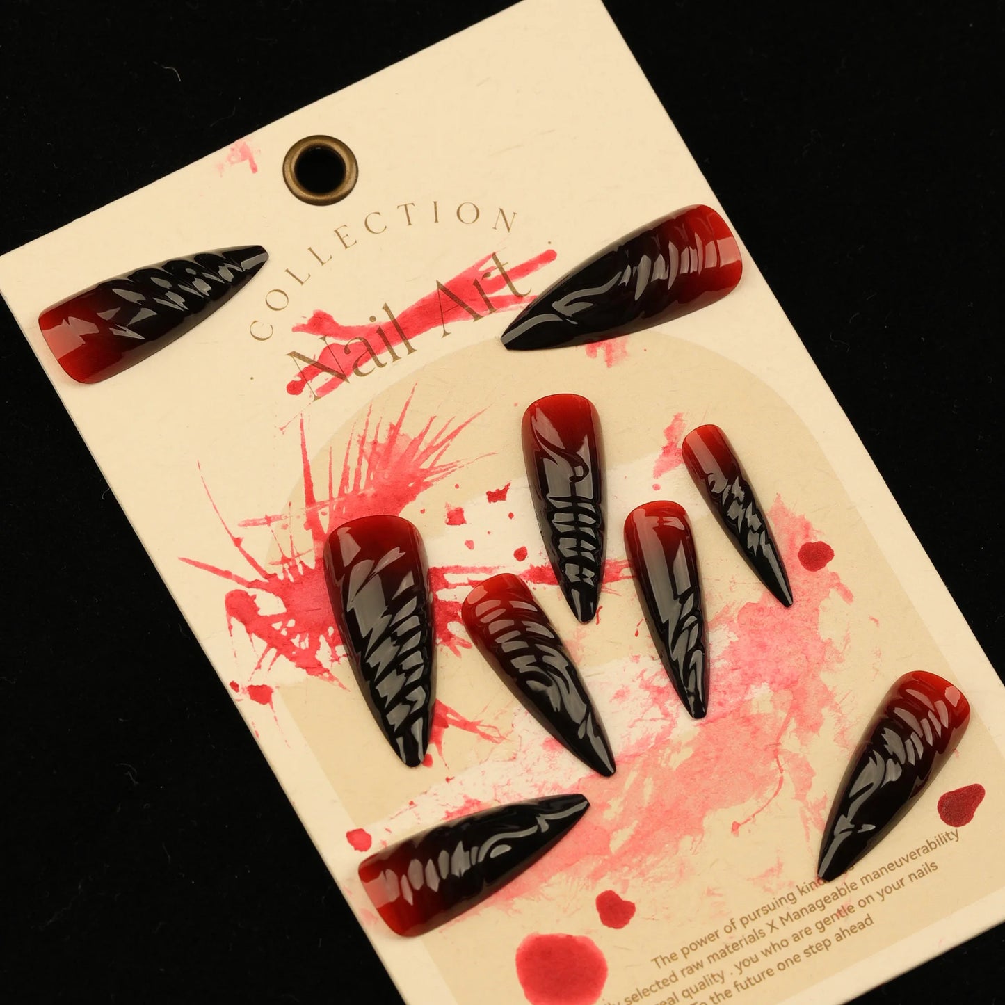 3D Red Black Gradient Halo Dyeing Long Pointed False Nails - Halloween