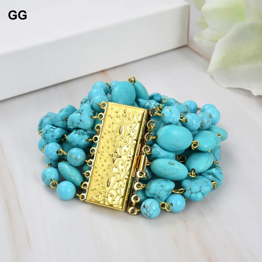 GG Natural 9 Strands Blue Turquoise Gems Stone Bracelet Cute For Women