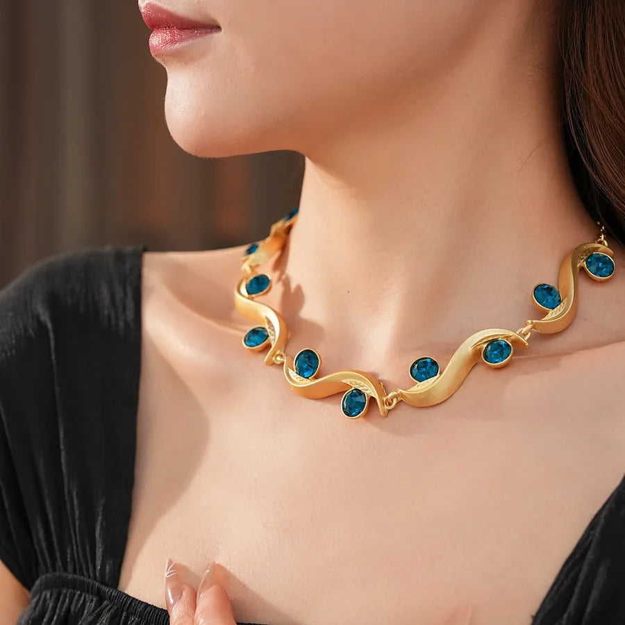 Round Wave Long Earrings Blue Rhinestone Jewelry Set - Your Beauty Matters