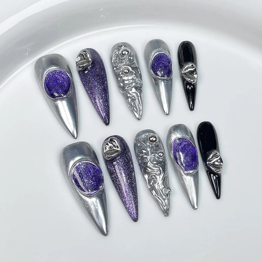 10pcs Purple Cat Eye Stiletto Press On Nails