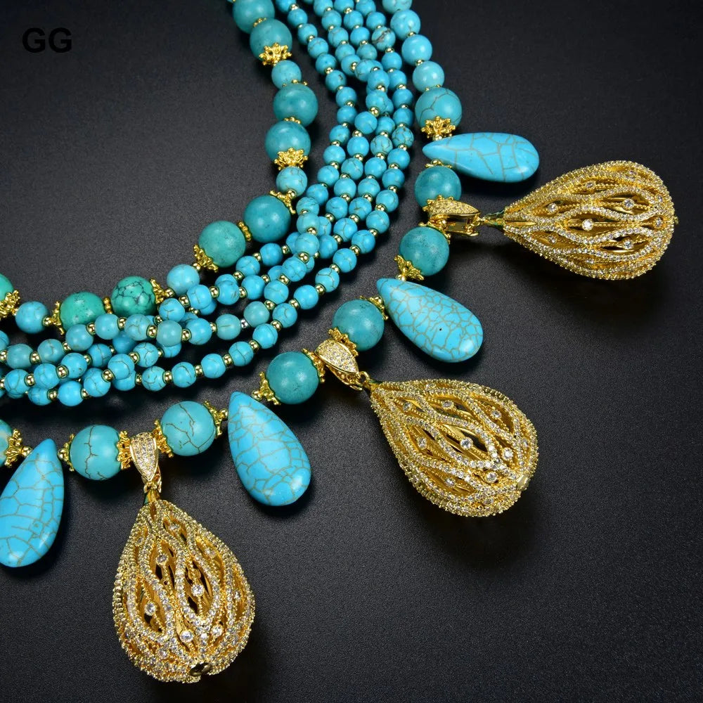 GuaiGuai Jewelry 19" 6 Strands Blue Turquoises Necklace CZ Pendant