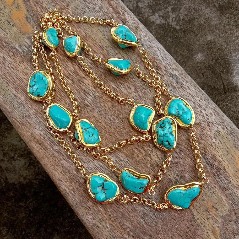 Y.YING 3 Rows Blue Turquoise Freeform Shape Necklace