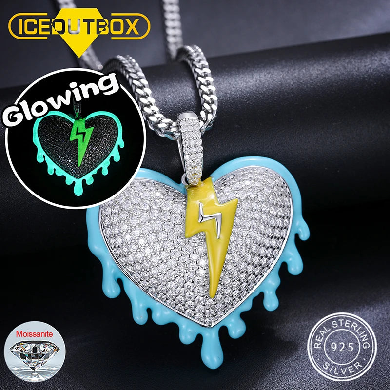 Iced Out Moissanite Men Heart Glowing Pendant Necklace Sterling Silver