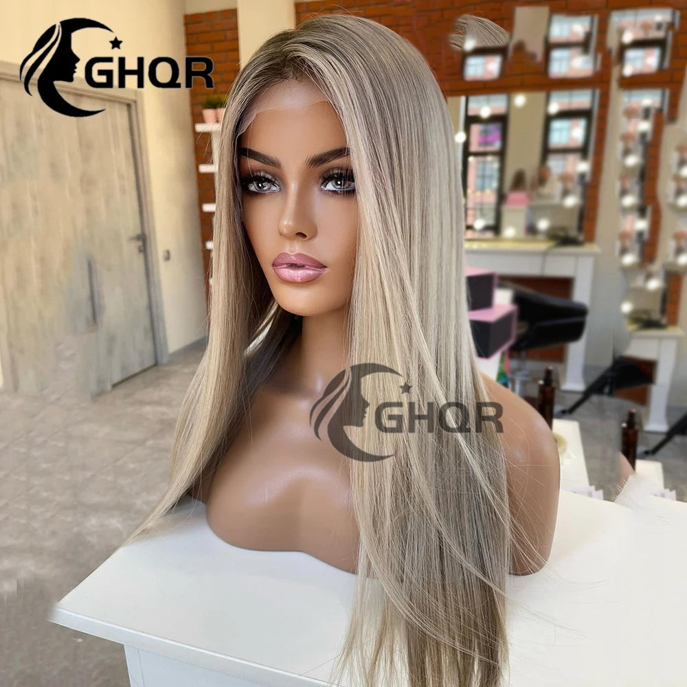 Human Hair Lace Frontal Wig - brown Roots , Density - 150%