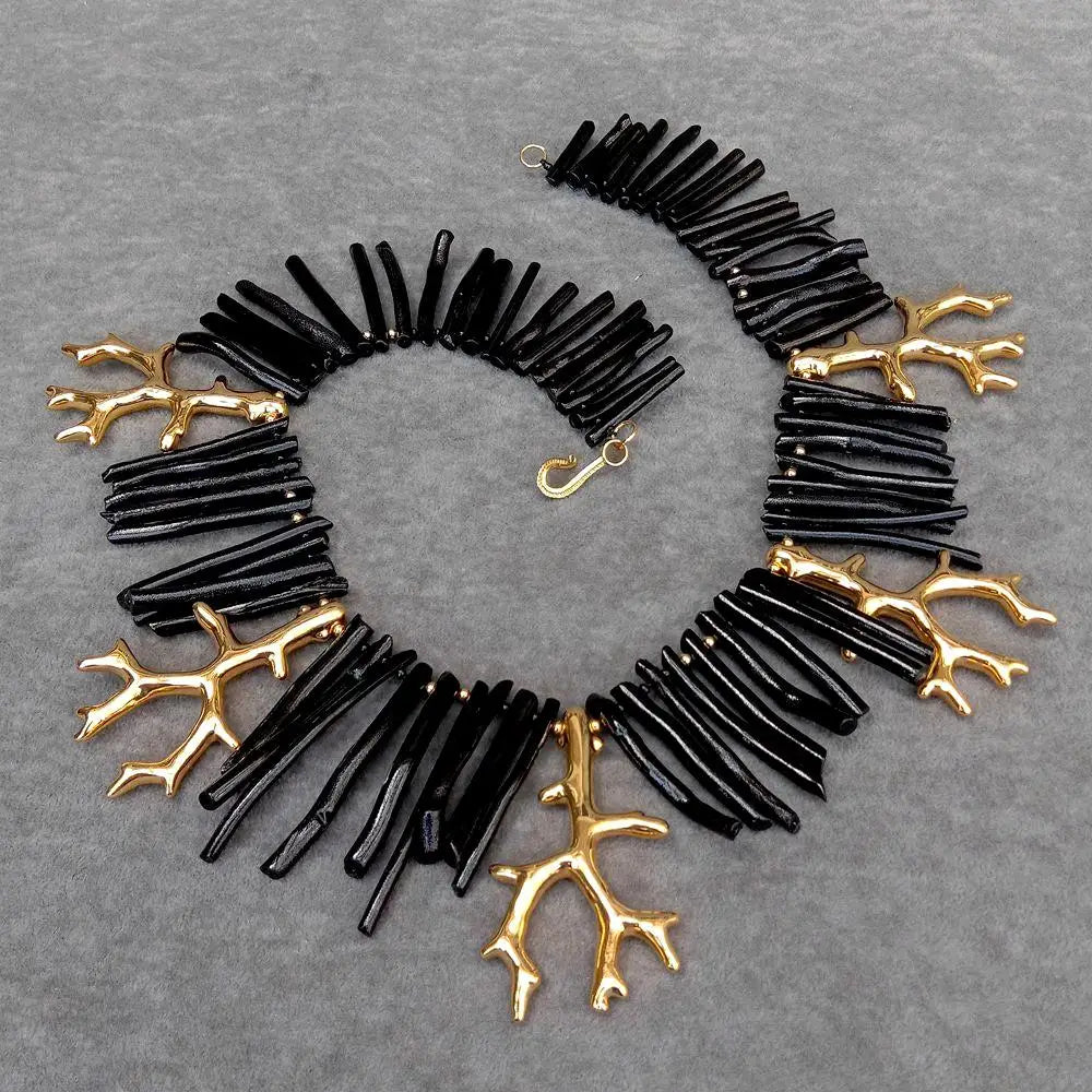 Y.YING Black Coral Golden Resin Branch Necklace