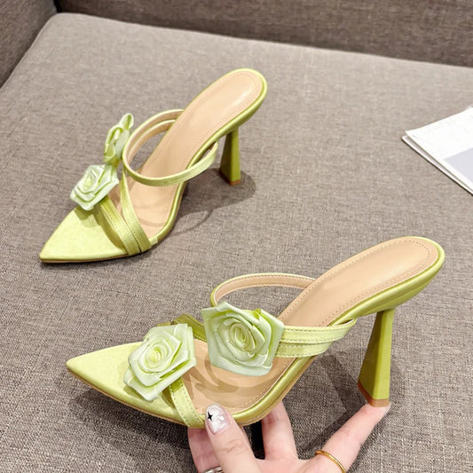 Liyke Fashion Design Green Silk Rose Flowers Slippers Sandal