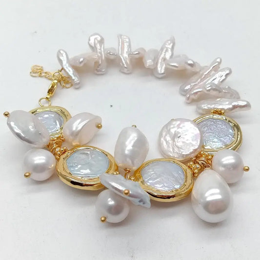 Y·YING Natural Multi Shape Freshwater Pearl Sea Shell Pearl Gold plated Bracelet 8"