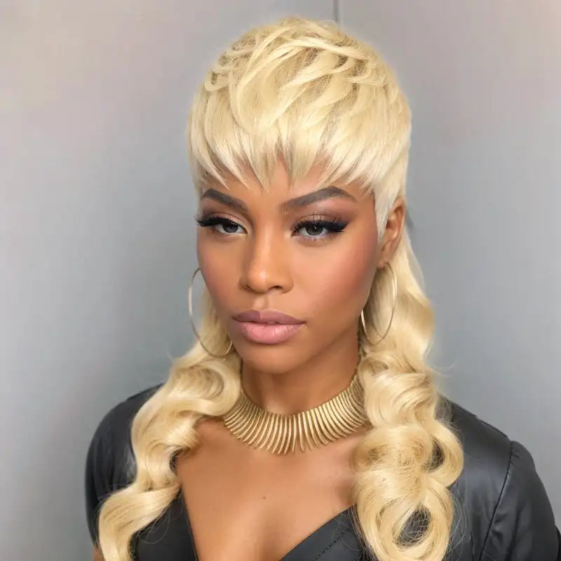 613 Blonde Human Hair Mullet Wig with natural waves