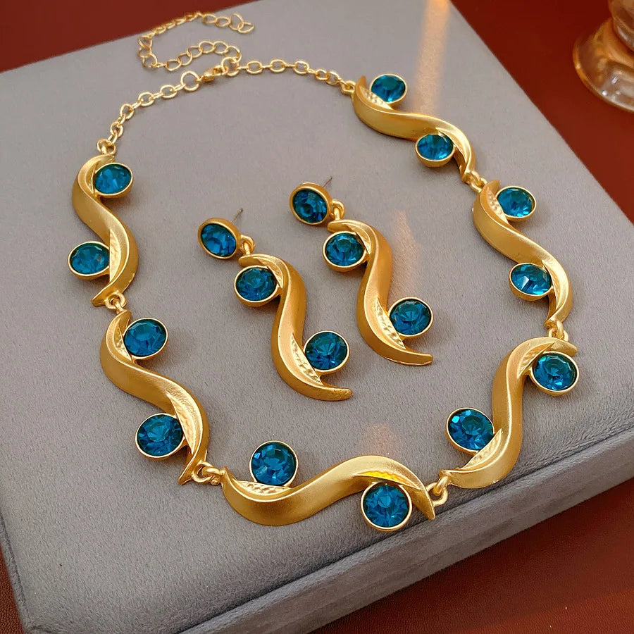 Round Wave Long Earrings Blue Rhinestone Jewelry Set - Your Beauty Matters