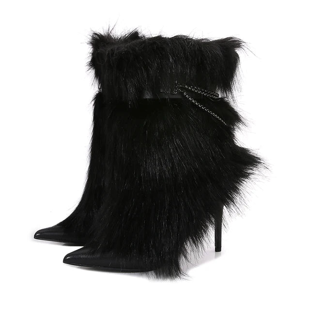 Sesito Furry Metal Chain Belt Buckle Stiletto Boots