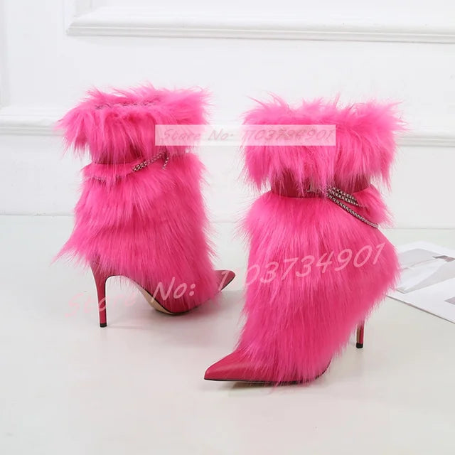 Sesito Furry Metal Chain Belt Buckle Stiletto Boots