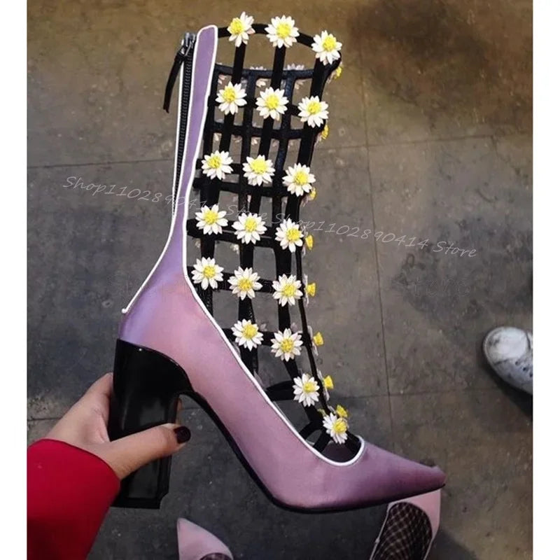Flower Decor Purple Hollow Design Sandals Boots