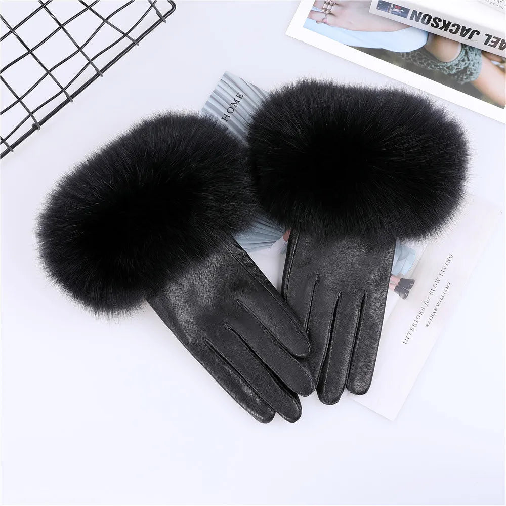 Women's Real Sheepskin Gloves with Fox Fur Trim | Luxury Winter Wear