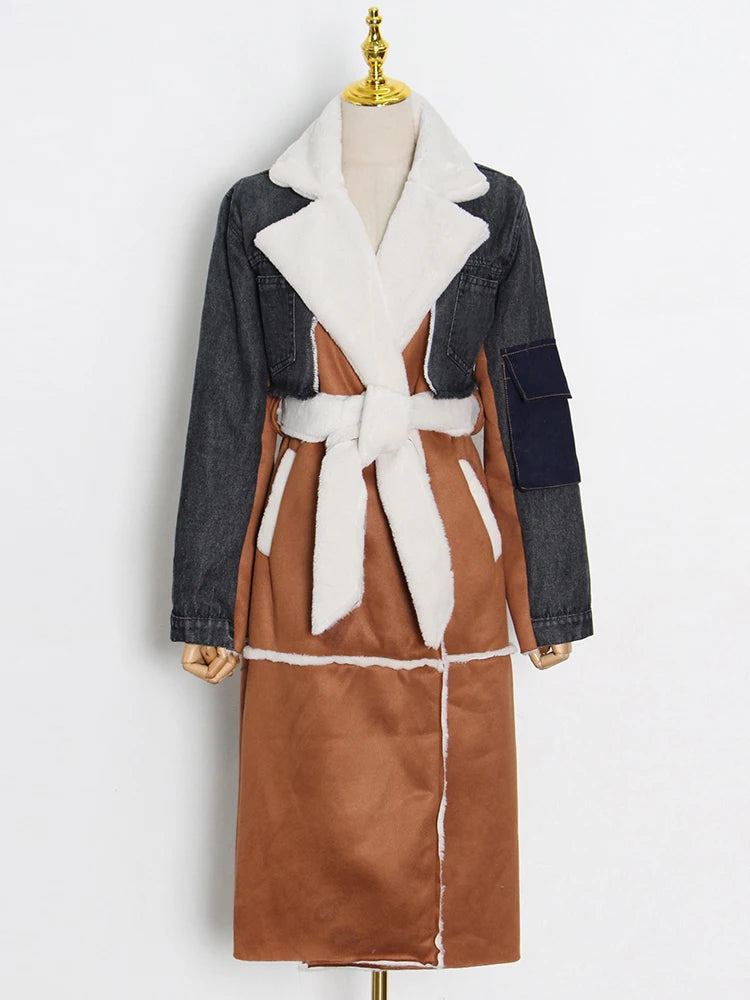 ECRURANI Patchwork Casual Patchwork Lambswool Trench