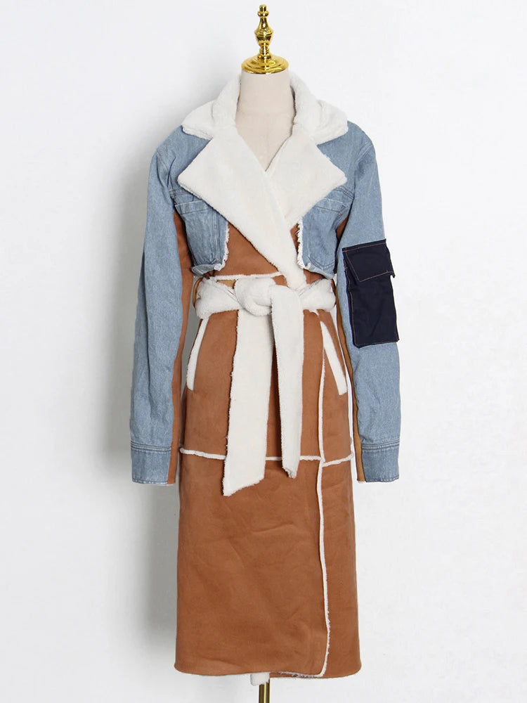 ECRURANI Patchwork Casual Patchwork Lambswool Trench