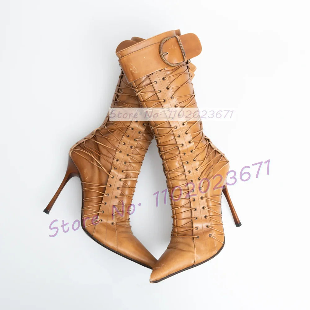 Tan Leather Pointed Toe Mid-calf Boots