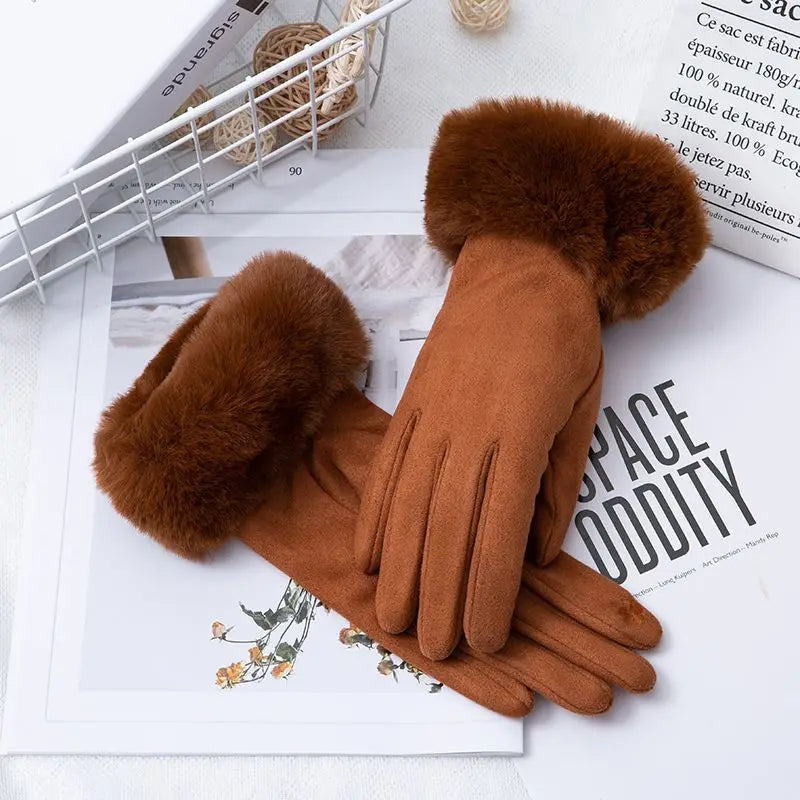 Faux Fur Suede Leather Touch Screen Driving Gloves