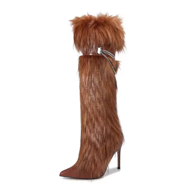 Sesito Furry Metal Chain Belt Buckle Stiletto Boots