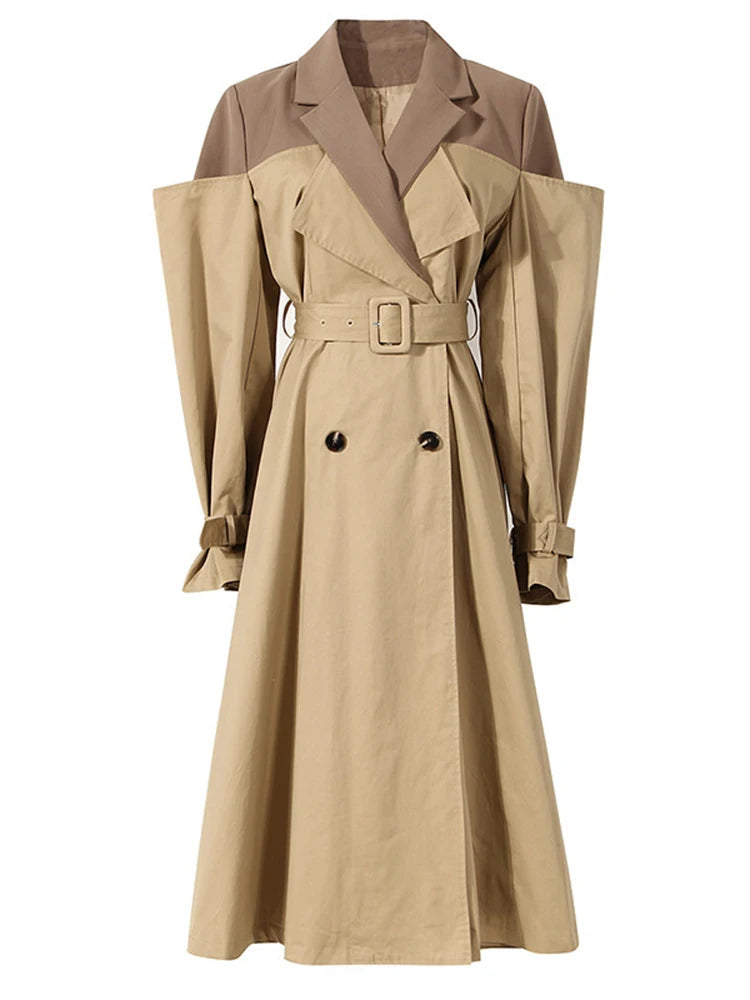 [EAM] Women Khaki Color-block Long Trench Coat