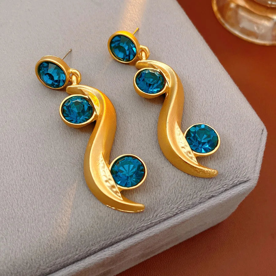 Round Wave Long Earrings Blue Rhinestone Jewelry Set - Your Beauty Matters