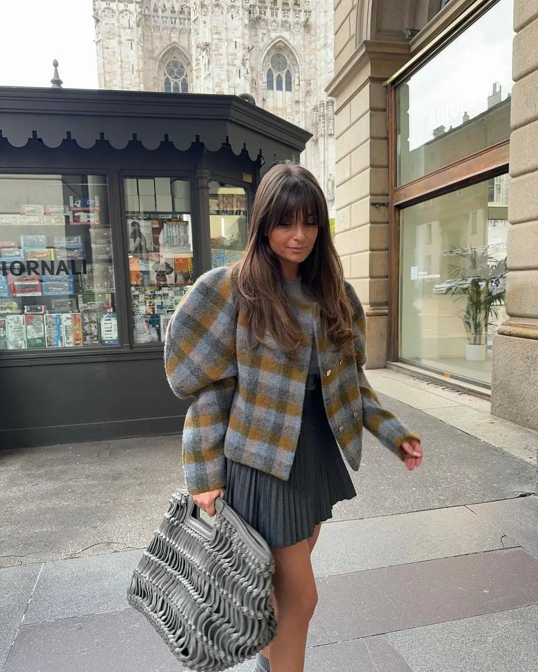 Plaid Coat Vintage Woolen Trench Double-breasted