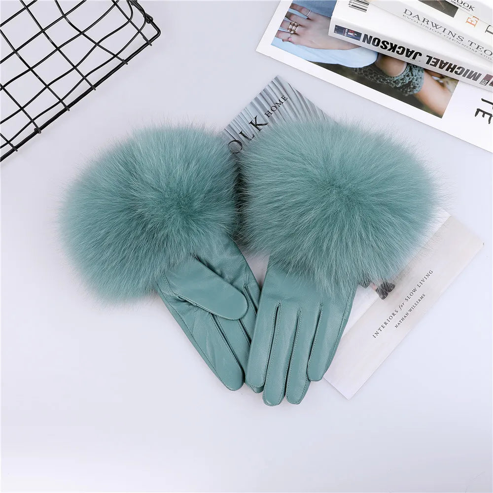 Women's Real Sheepskin Gloves with Fox Fur Trim | Luxury Winter Wear