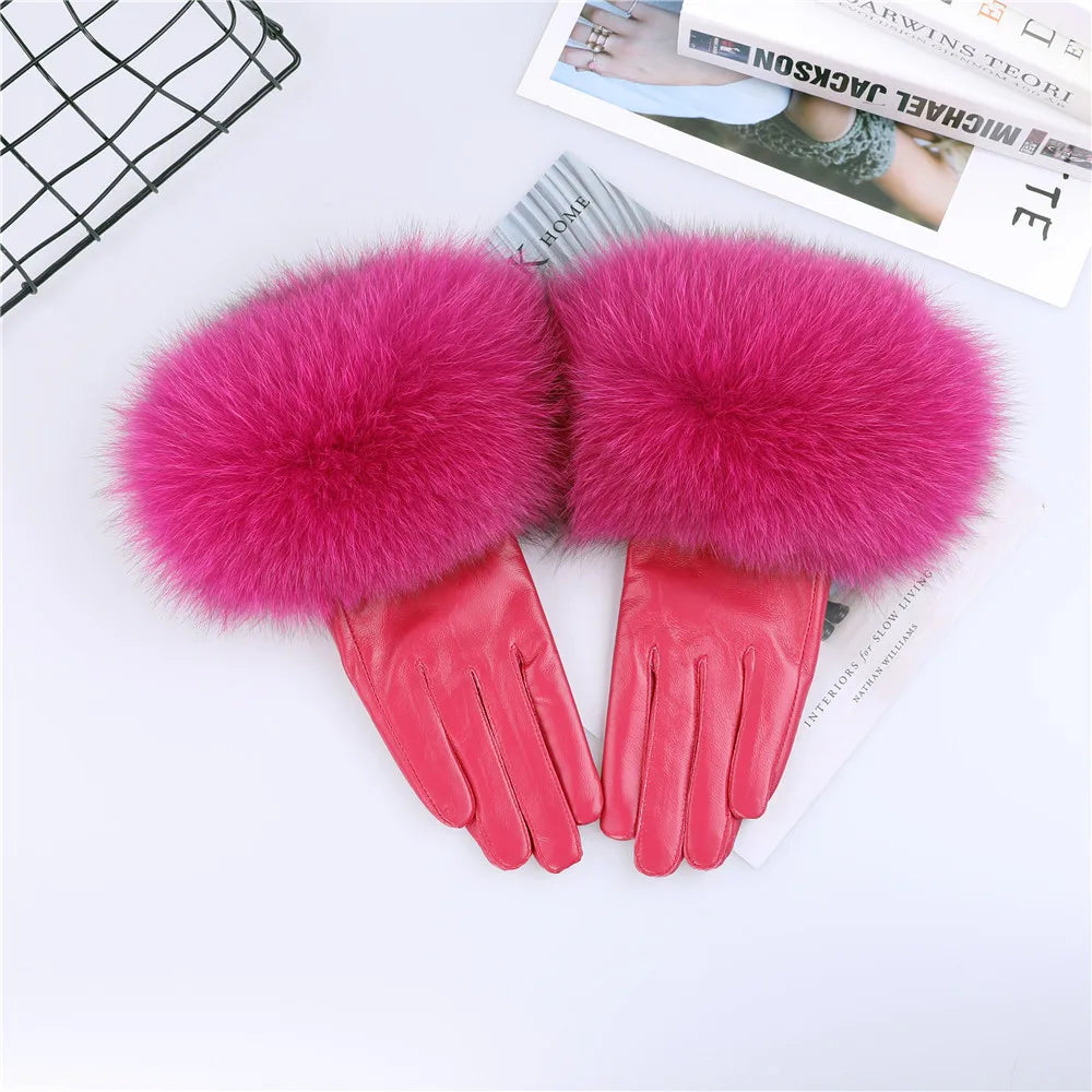 Women's Real Sheepskin Gloves with Fox Fur Trim | Luxury Winter Wear