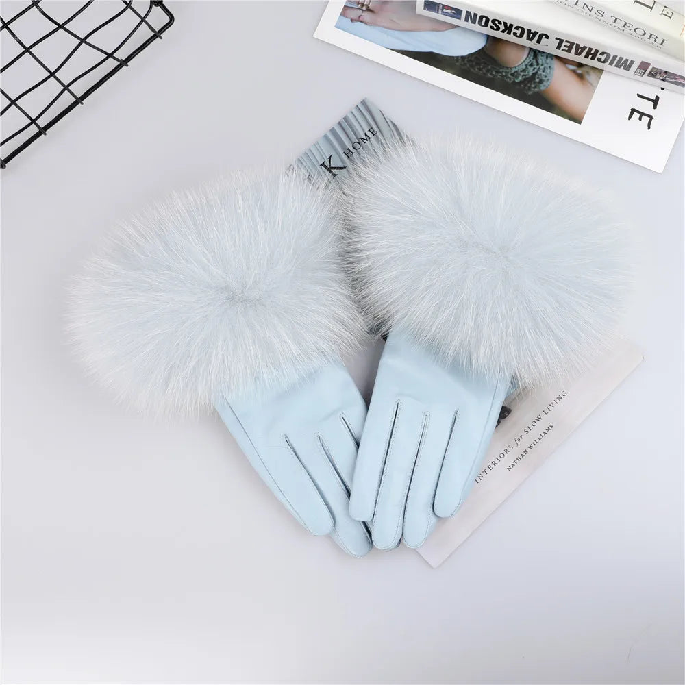 Women's Real Sheepskin Gloves with Fox Fur Trim | Luxury Winter Wear