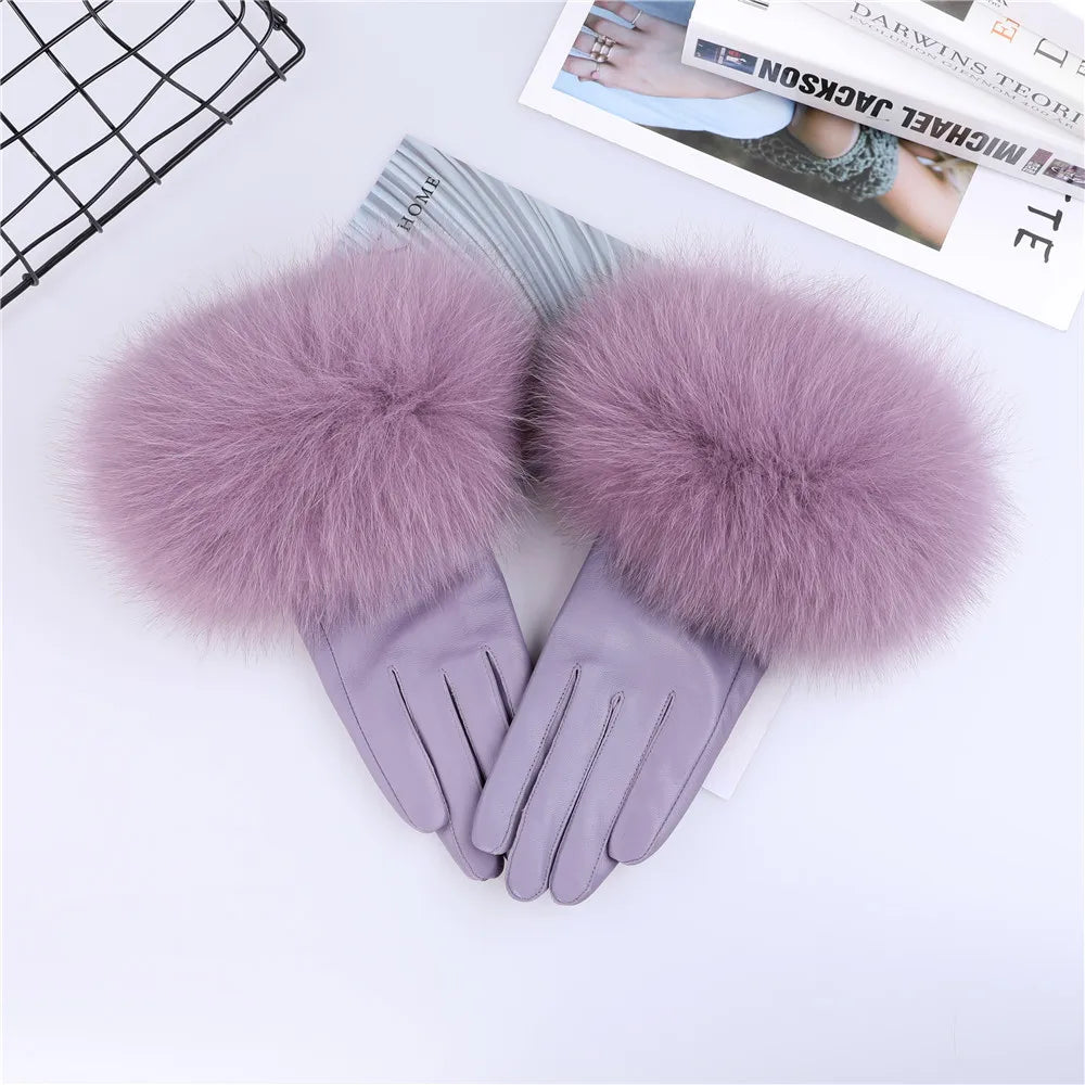 Women's Real Sheepskin Gloves with Fox Fur Trim | Luxury Winter Wear