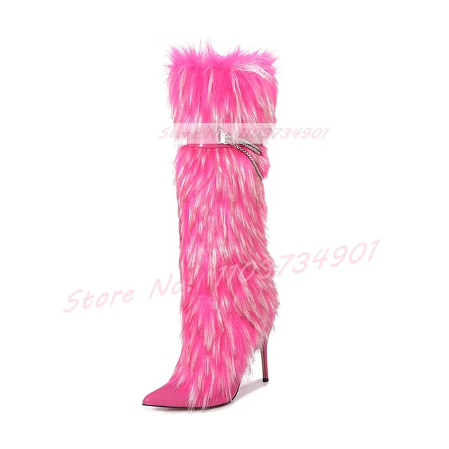 Sesito Furry Metal Chain Belt Buckle Stiletto Boots