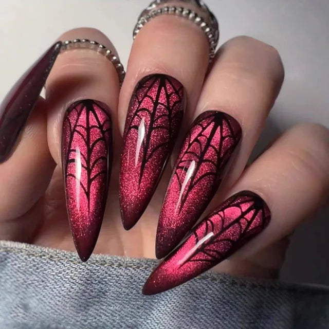 3D Red Black Gradient Halo Dyeing Long Pointed False Nails - Halloween