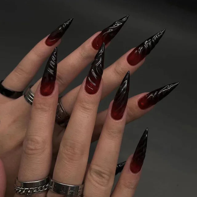 3D Red Black Gradient Halo Dyeing Long Pointed False Nails - Halloween