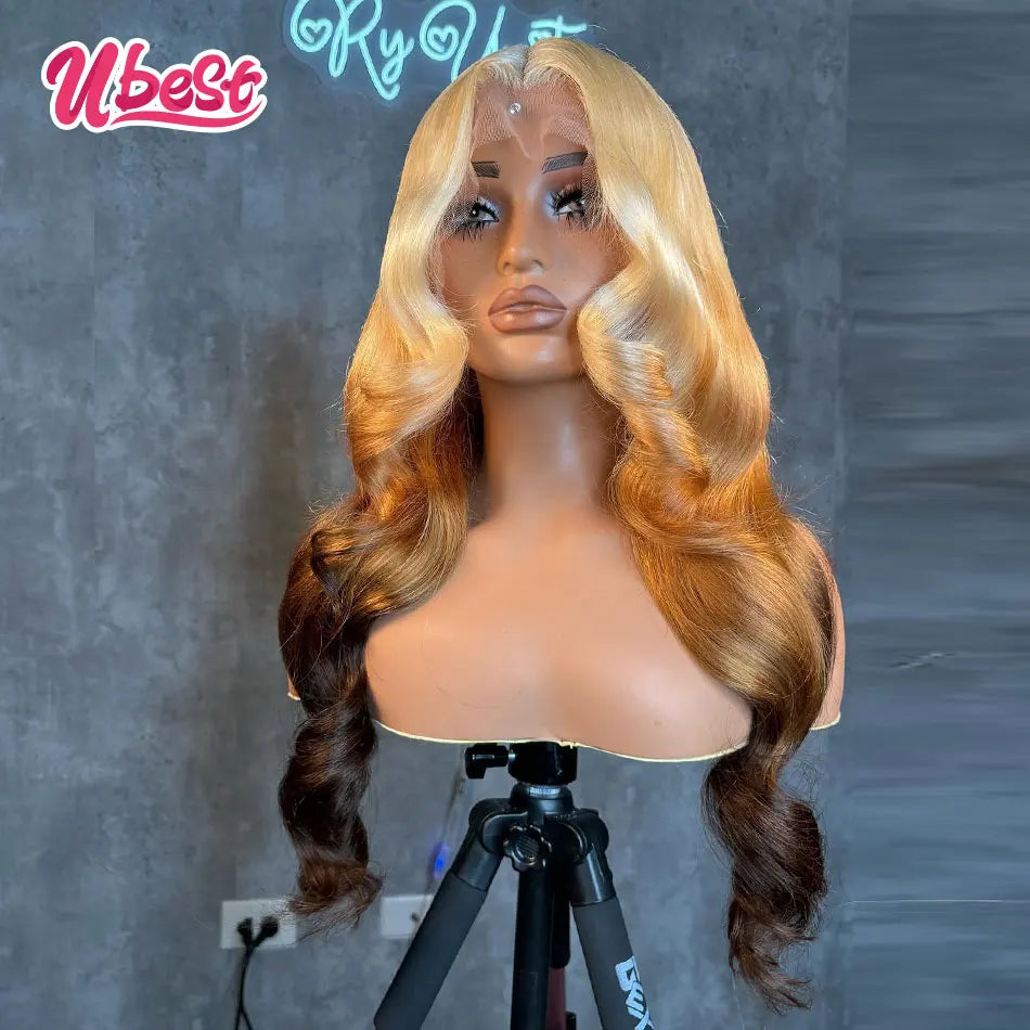 Ombre 613 Golden Brown Colored 100％ Human Hair Wigs - Transparent Lace Front