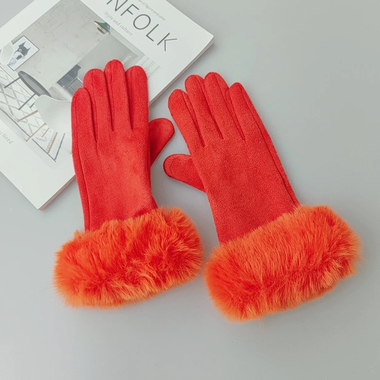 Faux Fur Suede Leather Touch Screen Driving Gloves