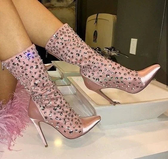 Pink Crystal Pointed Toe Mid-calf Boots