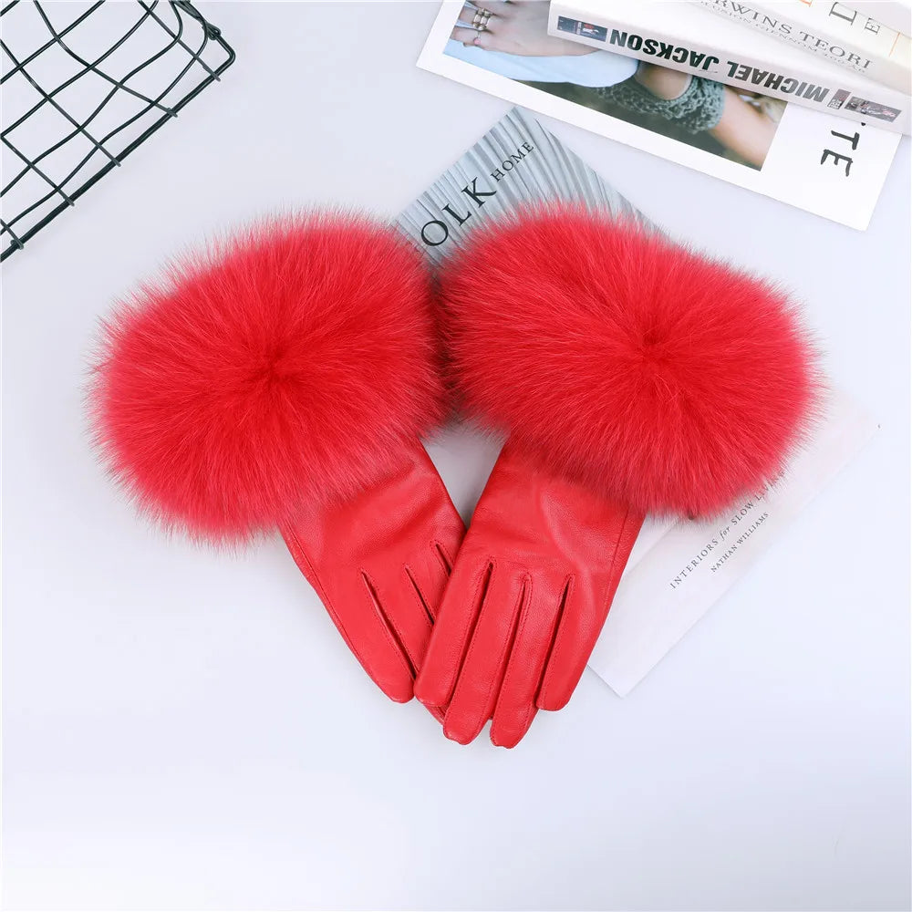 Women's Real Sheepskin Gloves with Fox Fur Trim | Luxury Winter Wear