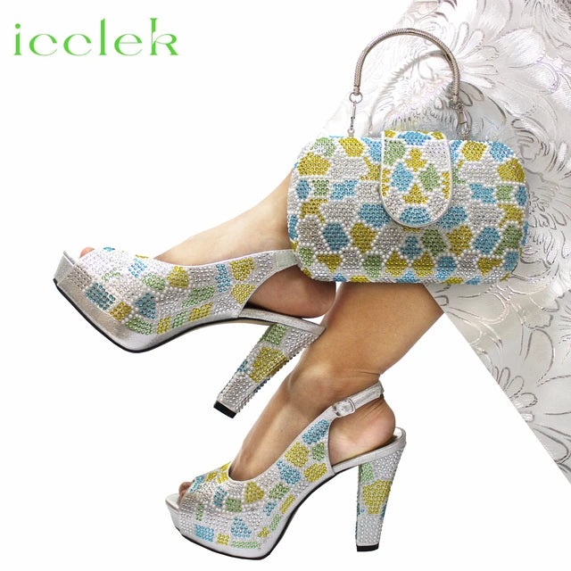 ICCLEK Silver Color Peep Toe Shoes Matching Bag Set