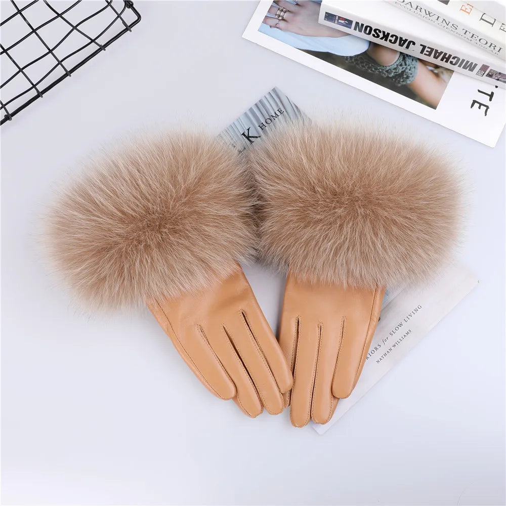 Women's Real Sheepskin Gloves with Fox Fur Trim | Luxury Winter Wear