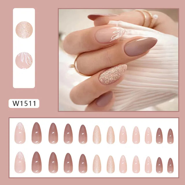 24pcs/set Nude Coffee Almond Glitter Press on Nails Set